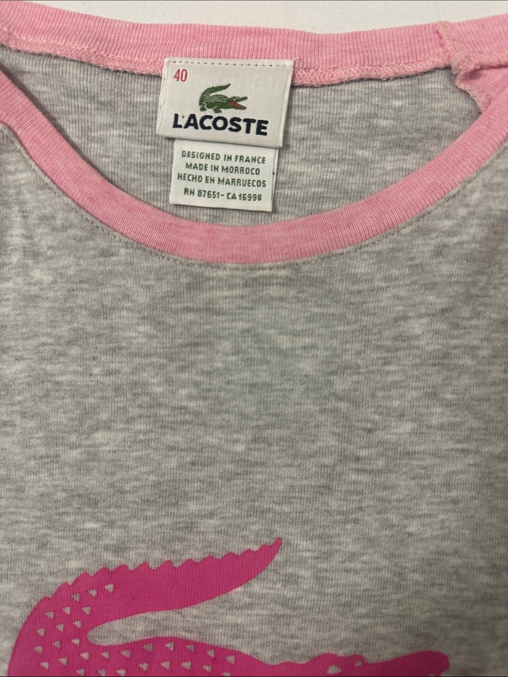 Genuine Lacoste 1990s Pink & Gray Raglan Long Sleeve Top with Pink Croc - Picture 3 of 7